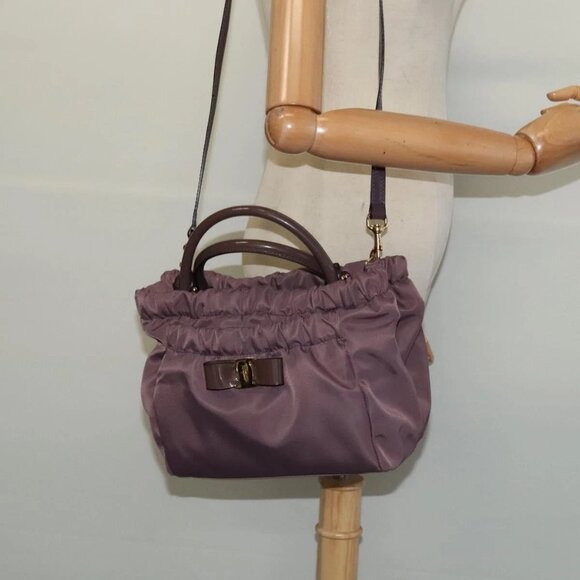 Salvatore Ferragamo Vala Hand Bag Nylon Enamel 2way Purple Silver Auth 138874 - Picture 1 of 16